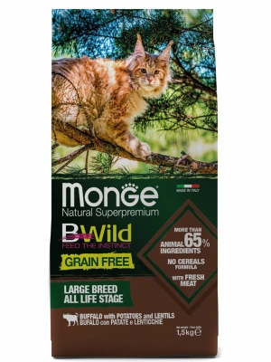 Monge Cat BWild GRAIN FREE, беззерновой корм из мяса буйвола для крупных кошек всех возрастов
